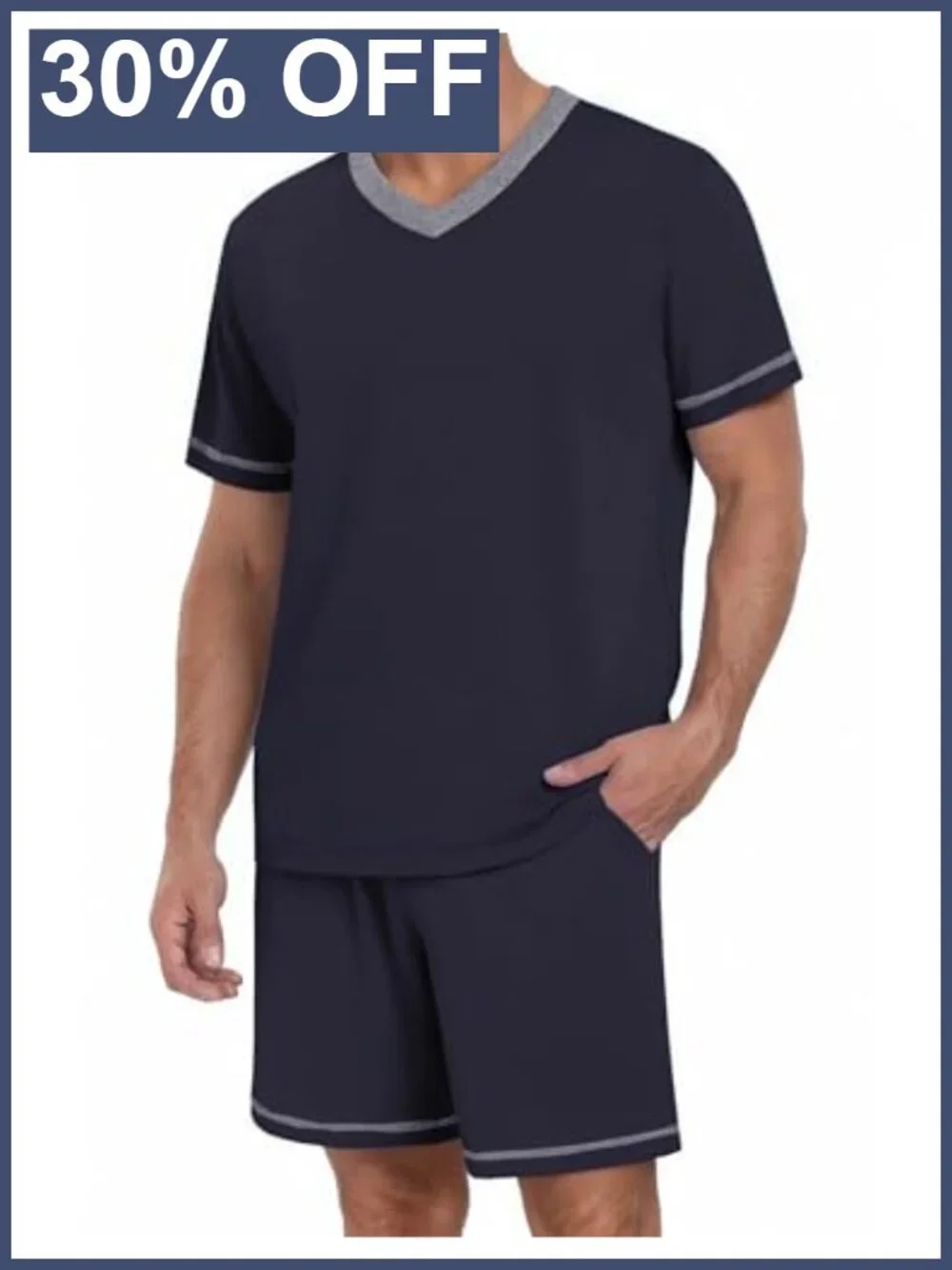 Men's Pajama Set Short Sleeve V-Neck Lounge Sleepwear Lightweight with Pockets